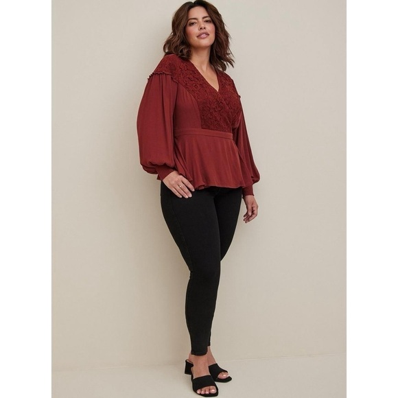 Torrid Crinkle Gauze Lace Inset Surplice Top - Madder Brown - Picture 7 of 8